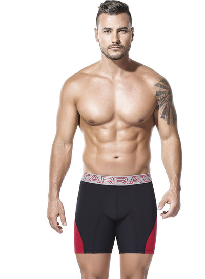 Tarrao fashion, long microfiber boxer briefs, black with red stripes on either side of legs, grey waist band 