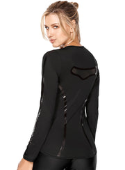 Sensuous black long sleeve athletic top, mesh and shiny fabric detailing 