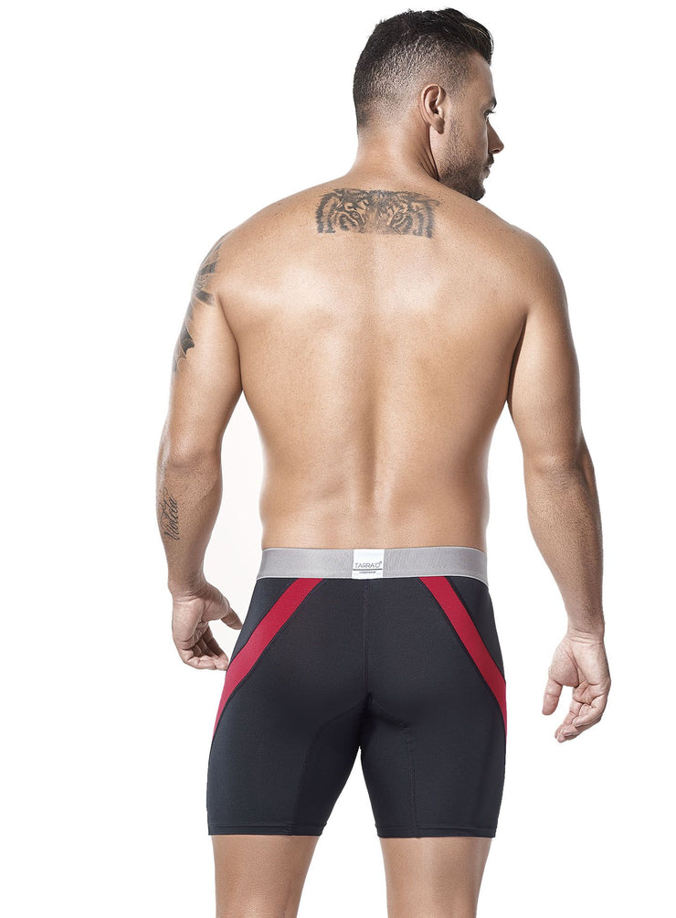 Tarrao fashion, long microfiber boxer briefs, black with red stripes on either side of legs, grey waist band 