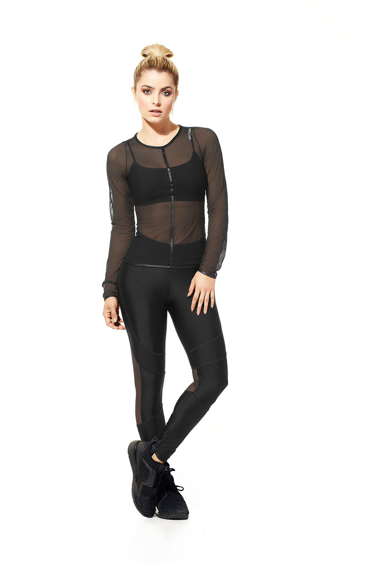 Black mid-rise supplex leggings, mesh design behind the knees and slightly over the calves, by Babalu Fashion sold by ironangelsfashion.com | Leggings supplex negros de media cintura, diseño de malla detrás de las rodillas y ligeramente sobre las pantorrillas