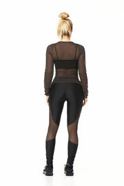 Black mid-rise supplex leggings, mesh design behind the knees and slightly over the calves, by Babalu Fashion sold by ironangelsfashion.com | Leggings supplex negros de media cintura, diseño de malla detrás de las rodillas y ligeramente sobre las pantorrillas