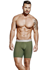 Military green boxer briefs, silver waist band with Tarrao logo, stripe texture, by Tarrao sold by ironangelsfashion.com | Calzoncillos boxer color verde militar, cinturilla plateada con el logotipo de Tarrao, textura de rayas