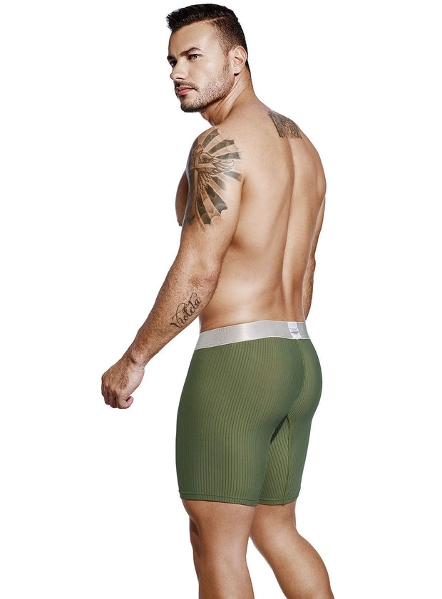 Military green boxer briefs, silver waist band with Tarrao logo, stripe texture, by Tarrao sold by ironangelsfashion.com | Calzoncillos boxer color verde militar, cinturilla plateada con el logotipo de Tarrao, textura de rayas